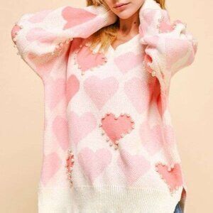 NWT DAVI & DANI Heart Pearl Side Slit V-neck Sweater